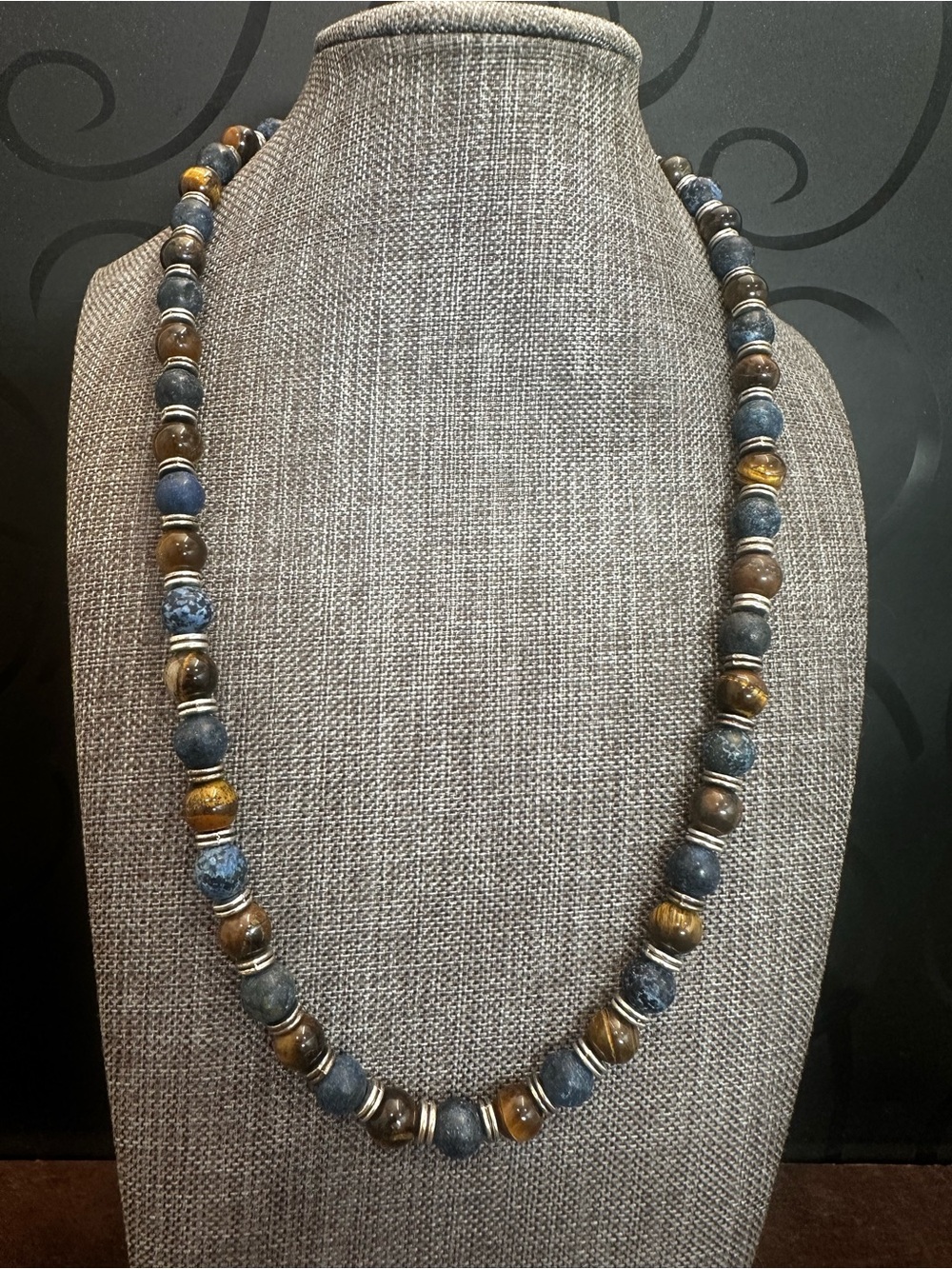 Blue and Brown Beaded Handmade Necklace with Silver Accents